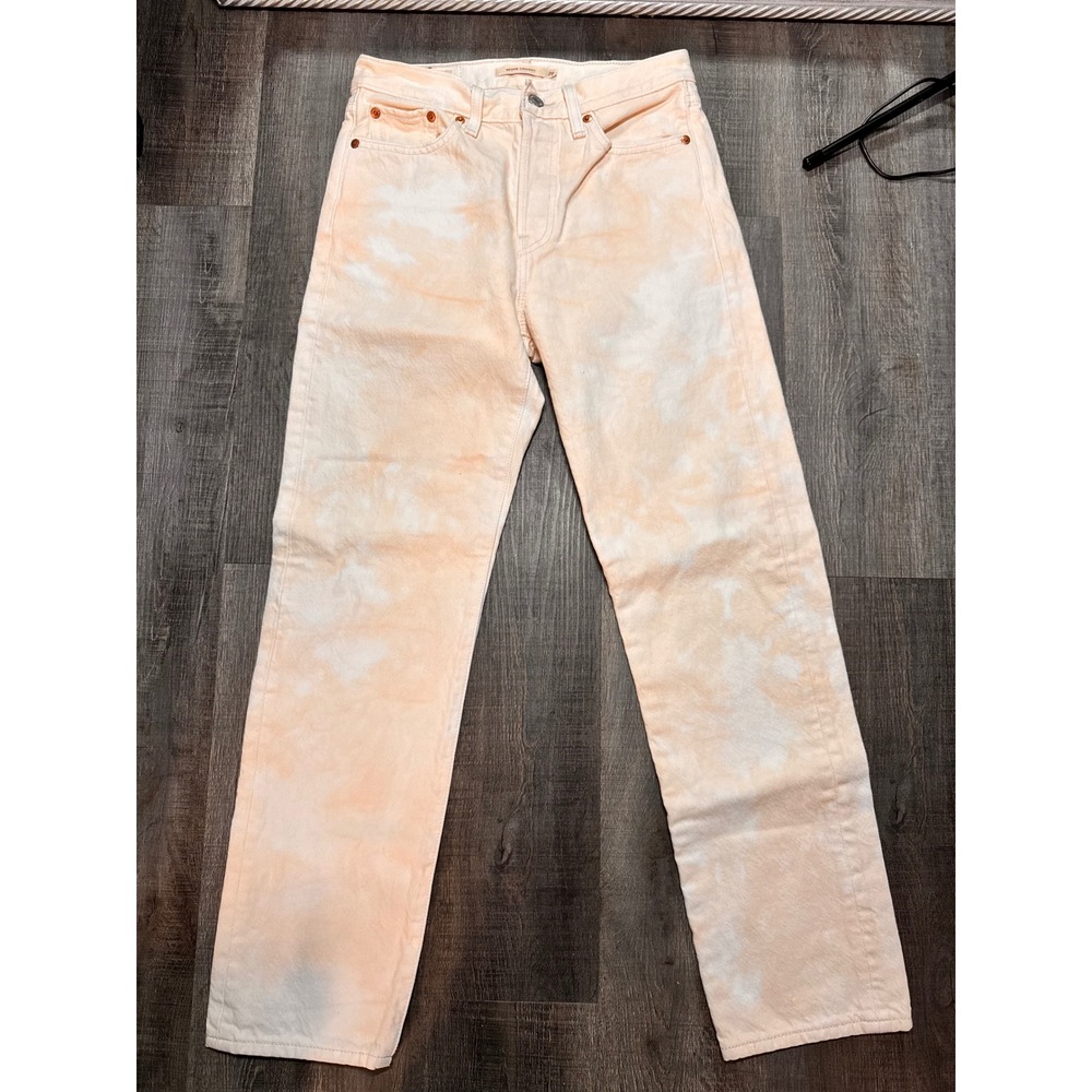 Levis Premium Wedgie Straight Jeans Peach White Tie Dye High Rise Denim 26